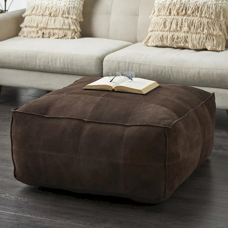 Leather Low Profile Square Pouf with Patchwork Design - Brown, Gray or Dark Brown