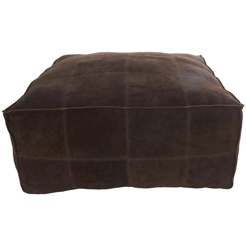Leather Low Profile Square Pouf with Patchwork Design - Brown, Gray or Dark Brown