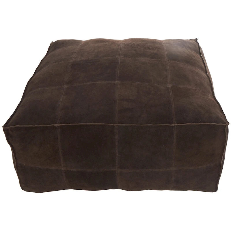 Leather Low Profile Square Pouf with Patchwork Design - Brown, Gray or Dark Brown
